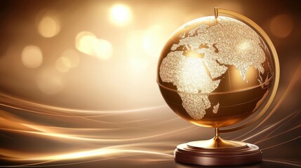 A polished brass globe with intricate etchings of continents rests on a wooden base with a warm golden light