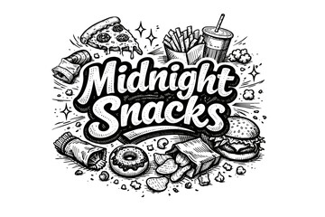 Midnight Snacks illustration with various fast foods and treats in a doodle style