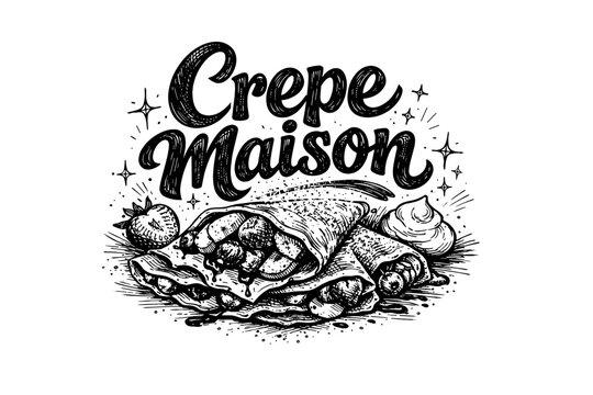 Hand-drawn illustration of delicious crepes with fruit and cream, perfect for a cafe logo