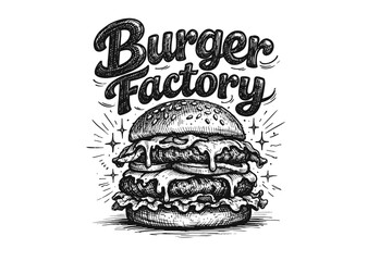 Obraz premium Burger Factory hand-drawn logo with a delicious double patty burger illustration