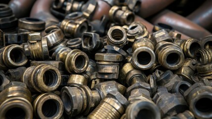 A pile of brass hose couplings and assorted metal fittings with threaded connections for industrial plumbing and mechanical equipment