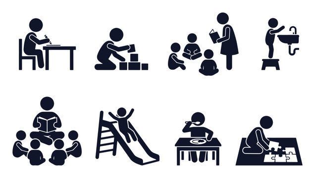 Preschooler activities icon set. Stick figure black silhouettes of drawing, blocks, circle time, story, slide, snack, puzzle. Flat vector pictograms.