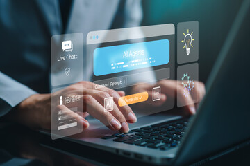 Business professional using laptop with futuristic AI agents interface, showing live chat, command prompt, data processing, automation icons, artificial intelligence workflow, digital transformation.