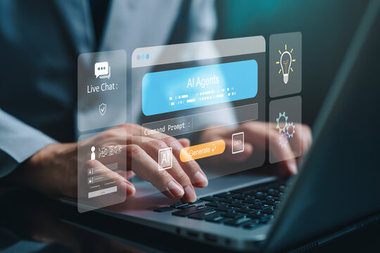 Business professional using laptop with futuristic AI agents interface, showing live chat, command prompt, data processing, automation icons, artificial intelligence workflow, digital transformation. - Powered by Adobe