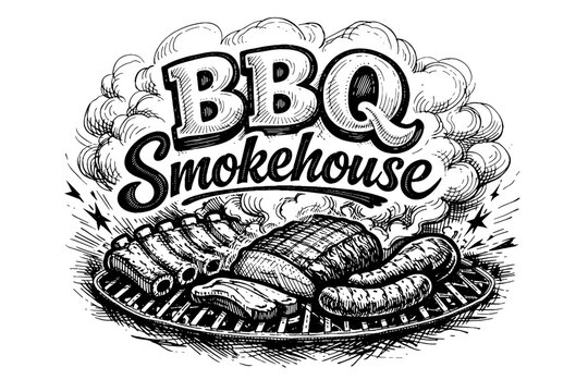 Hand-drawn BBQ Smokehouse logo with grilled meats and smoky clouds
