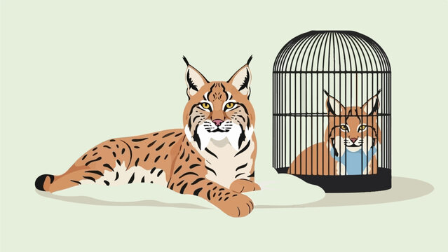 Two bobcats, one free and one caged, appear on a pale green background