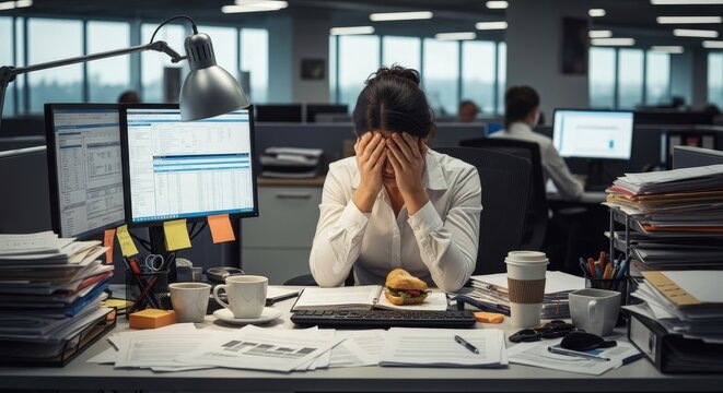 Woman employee feeling overwhelmed and stressed at cluttered office desk while working overtime. Concept of burnout and excessive workload
