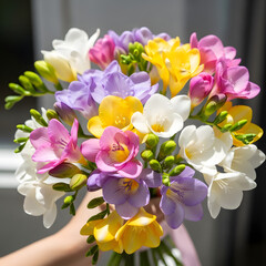 Vibrant Bouquet of Fresh Cut Freesia Flowers in Pastel Shades - Perfect for Wedding Decorations and Bouquets