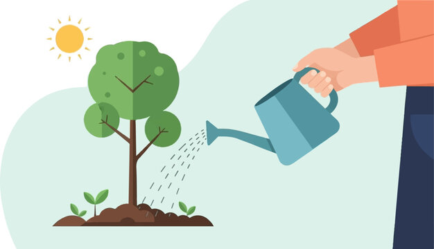 Person watering a growing tree and saplings under a bright sun