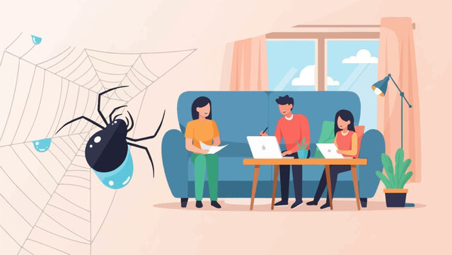 People working remotely while a spider spins a web nearby