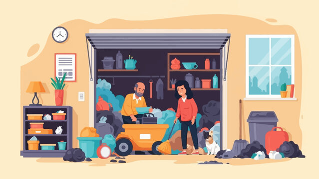 Overwhelmed couple cleans chaotic garage with dog watching