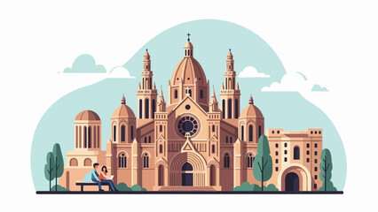 Fototapeta premium Stylized illustration of a grand cathedral with people on a bench below