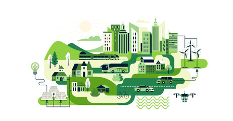 Green city sustainable urban landscape background. Vector illustration with solar panels, wind turbines, electric cars, public transport. Eco friendly smart city concept with renewable energy sources © zaie