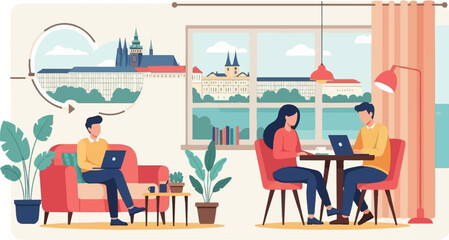 Obraz premium Two people working remotely on laptops inside a modern home with city views