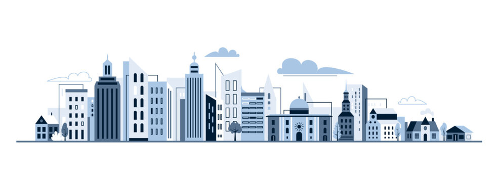 City skyline vector illustration background. Modern flat urban cityscape with skyscrapers, houses, and office buildings. Minimalist blue architectural panorama for web banners and real estate concept