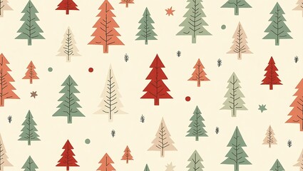 Festive seamless pattern with stylized christmas trees in red, green, and beige