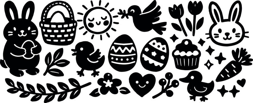 Hand drawn silhouette vector easter border with happy bunnies holding eggs chicks decorated eggs basket floral accents playful cheerful composition