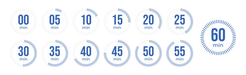 Minute Timer, clock, stopwatch, Countdown timer, cooking time icon set. 0, 5, 10, 15, 20, 25, 30, 35, 40, 45, 50, 55, 60 minute dial. Blue color isolated set, symbol. Vector illustration