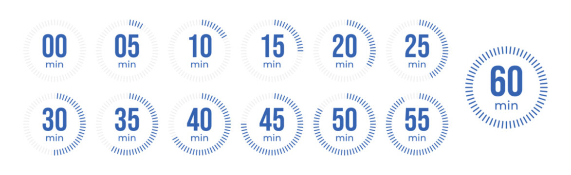 Minute Timer, clock, stopwatch, Countdown timer, cooking time icon set. 0, 5, 10, 15, 20, 25, 30, 35, 40, 45, 50, 55, 60 minute dial. Blue color isolated set, symbol. Vector illustration