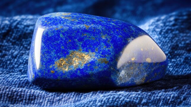 A polished lapis lazuli stone with golden pyrite inclusions resting on a blue textured surface