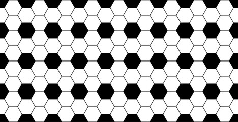Seamless geometric pattern with black and white hexagon shapes in a classic soccer ball arrangement, repeating honeycomb tile background for sport textile print and digital wallpaper, symmetrical © Hasan_Sumon