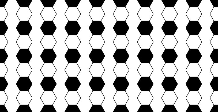 Seamless geometric pattern with black and white hexagon shapes in a classic soccer ball arrangement, repeating honeycomb tile background for sport textile print and digital wallpaper, symmetrical