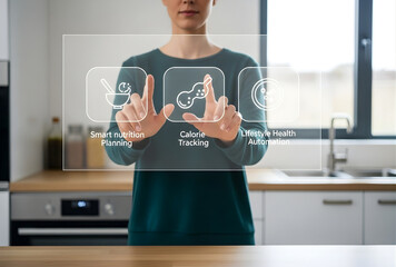 Person interacting with smart home interface in kitchen