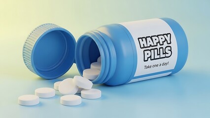 Bottle of Happy Pills with White Tablets.