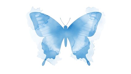 Blue Watercolor Butterfly on White Background.