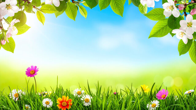 sunny spring background with flowers blossom in garden. Soft blurred background - Powered by Adobe