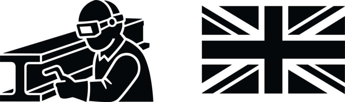 Black silhouette icons featuring a construction worker with a steel I-beam and a stylized British Union Jack flag.