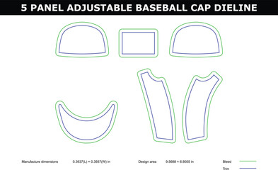 A technical diagram of a 5 panel adjustable baseball cap die line on a white background