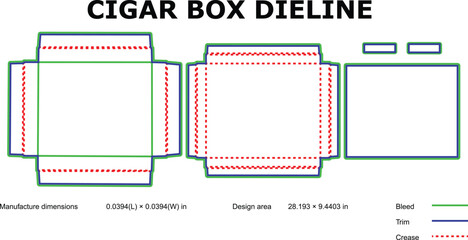 A technical diagram of a cigar box dyeline with precise measurements and design specifications.