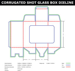 A technical diagram of a corrugated shot glass box dyeline with precise measurements and colorful outlines