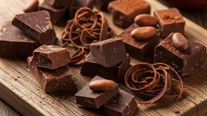 Assorted Chocolate Truffles and Cacao Nibs on Wooden Board.