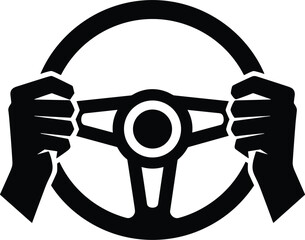 Black silhouette of hands gripping a steering wheel for driving lessons automotive safety and vehicle transportation service symbols.