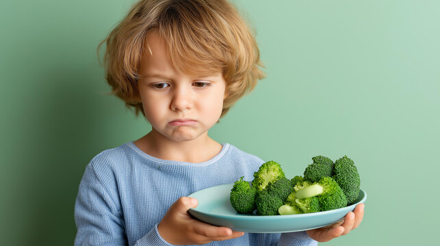 Young child displaying sad expression while holding plate with broccoli, faceless youth, soft green backdrop, picky eating moment, food aversion, with copy space