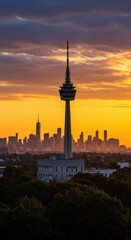 Naklejka premium A stunning metropolitan skyline featuring an iconic observation tower set against a brilliant, colorful sunset sky during the beautiful golden hour, aerial view, glowing, travel
