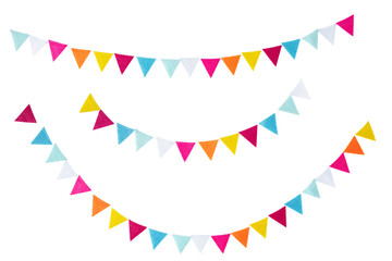Carnival garland, birthday party decoration garland from textile wool flags isolated on transparent background. Multicolored festive triangular flags. Decorative colorful party bunting for design. © Inna Dodor