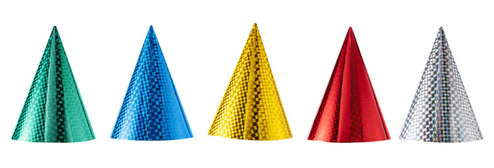 Colorful party hats for birthdays and New Year celebrations isolated on transparent background. Festive accessories for holiday parties and joyful occasions. Party hats for holiday design and collage.