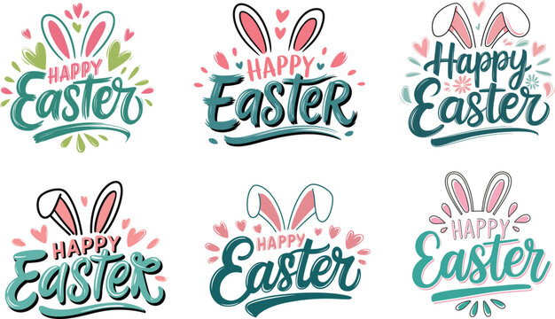 Happy Easter Hand Drawn Calligraphy Vector Set with Bunny Ears