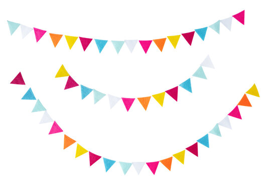 Carnival garland, birthday party decoration garland from textile wool flags isolated on transparent background. Multicolored festive triangular flags. Decorative colorful party bunting for design.
