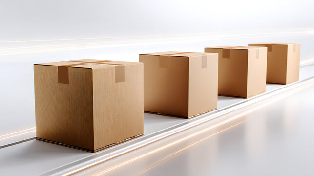 Smart logistics supply chain with cardboard boxes moving on glowing digital lines, representing automation, AI optimization, fast delivery, and modern warehouse