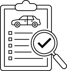 Car inspection checklist icon showing vehicle evaluation report with magnifying glass checkmark automobile service verification symbol design.