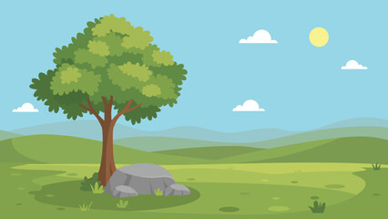 Nature Landscape with Large Tree and Rock.Scenic Meadow View with a Shade Tree and Grey Stones.Countryside Environment with Green Hills and Summer Sky