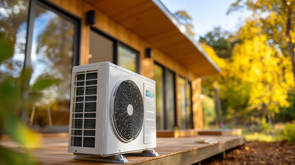 Medium shot of modern heat pump unit installed outside newly built home, sustainable energy use showcase, efficient heating cooling, eco-friendly technology, with copy space © Kateryna Arkhypova
