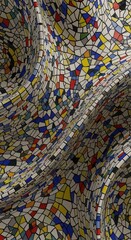 Abstract detail of vibrant broken ceramic mosaics creating a flowing, textured surface with dynamic, organic architecture curves, ceramic, elaborate, vintage
