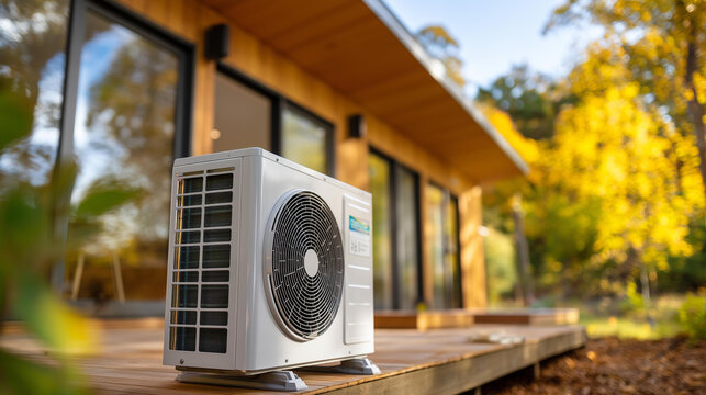 Medium shot of modern heat pump unit installed outside newly built home, sustainable energy use showcase, efficient heating cooling, eco-friendly technology, with copy space