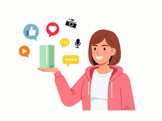 A cheerful woman in a pink hoodie presenting a green smartphone with social media icons floating above it, in a flat design illustration vector style against a clean white background.