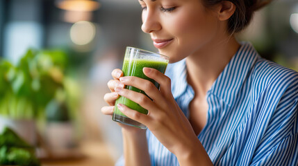 Woman wearing blue striped shirt drinking green smoothie glass, faceless person, bright modern setting with plants background, healthy beverage, defocused interior, with copy space